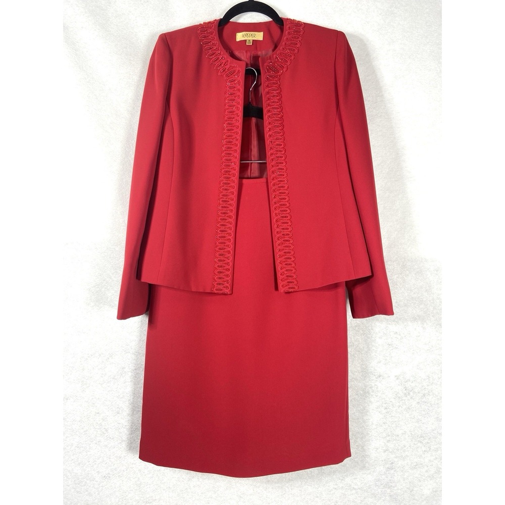 Kasper 2PC Skirt Suit Women's 4 Red Blazer Open Beaded Embroidered Church Career